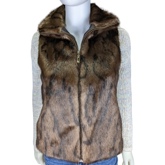 Lisa International Brown Faux Fur Zip Up Vest Jacket Size Small Petite - Picture 3 of 11